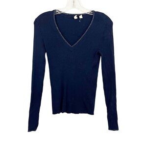 Anthropologie Moth Navy Blue Ribbed Stretch V-Neck Pullover Sweater - Size XS